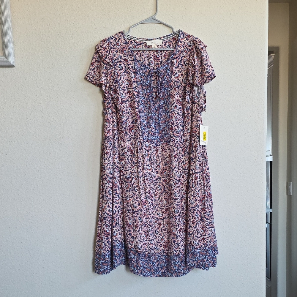 NWT Nurture Boho Floral Print Ruffle Dress Cottagecore Western Necktie 1X